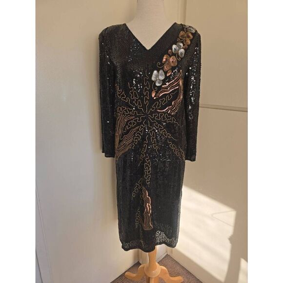 Vtg. Black Silk Beaded Sheath, EUC, L - Picture 1 of 8